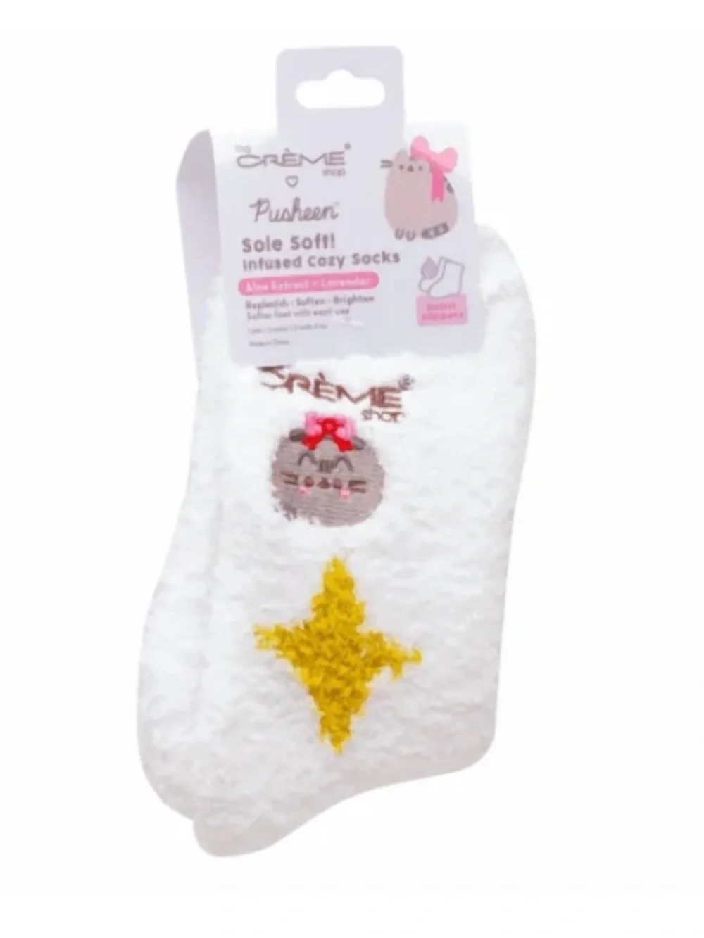 Pusheen White Cozy Sole Soft Infused Socks with Yellow star Accent